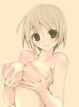  breast_hold breasts brown_eyes brown_hair large_breasts light_smile looking_at_viewer monochrome nipples original saibashi short_hair smile solo 