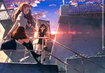  2girls absurdres bag cloud from_below highres kantoku kurumi_(kantoku) legs lens_flare long_hair multiple_girls open_mouth original plaid possible_duplicate railing school_bag school_uniform serafuku shizuku_(kantoku) stairs sunlight sunset thighhighs 