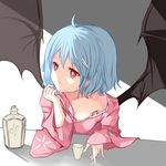  alcohol alternate_costume bare_shoulders bat_wings blue_hair collarbone cup drinking_glass hair_ornament hairclip japanese_clothes kimono long_sleeves no_hat no_headwear off_shoulder pink_eyes remilia_scarlet sake solo touhou vils wide_sleeves wings 