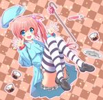  ashtray beret blue_eyes can can_opener cane cat_food checkered checkered_background coat deerstalker hair_ornament hat little_busters! long_hair mitsugushi_yuu pink_hair plaid plaid_skirt saigusa_haruka side_ponytail skirt solo striped striped_legwear thighhighs 