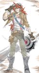  :d alternate_costume armor bandages gloves goggles grandia grandia_i hamagurihime highres jacket justin_(grandia) long_hair male_focus older open_mouth oversized_object ponytail red_hair smile solo standing sword weapon 