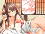  breasts brown_hair cleavage hairband haruna_(kantai_collection) japanese_clothes kantai_collection large_breasts long_hair looking_at_viewer lying navel no_panties nontraditional_miko off_shoulder partially_undressed patchouligo red_eyes smile solo 