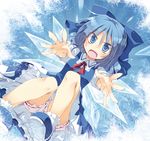  bloomers blue blue_dress blue_eyes blue_hair bow cirno dress foreshortening hair_bow hands ice ice_background ice_wings looking_at_viewer open_mouth outstretched_arms outstretched_hand satou_kibi shoes short_hair solo touhou underwear upskirt wings 