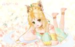  1girl artist_request barefoot blonde_hair breasts butterfly cake capcom dishes diva_(monster_hunter) food green_eyes jewelry legs lots_of_jewelry lying monster_hunter monster_hunter_frontier plate 