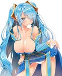  blue_eyes blue_hair blush breasts cleavage collarbone hair_ornament hanging_breasts large_breasts league_of_legends looking_at_viewer low_neckline mouth_hold mx2j_(nsh6394) panties skirt skirt_lift solo sona_buvelle twintails underwear work_in_progress 