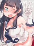  agano_(kantai_collection) black_hair blue_eyes blush braid breasts gloves highres kantai_collection large_breasts long_hair midriff multiple_girls navel noshiro_(kantai_collection) one_eye_closed open_mouth school_uniform serafuku sexually_suggestive shimetta_seiya simple_background skirt smile spread_armpit star star-shaped_pupils sweat symbol-shaped_pupils v white_gloves 