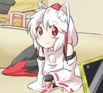  :&gt; animal_ears blush bridal_gauntlets commentary detached_sleeves doge hat inubashiri_momiji looking_at_viewer lying meme parody red_eyes short_hair smile solo tail tokin_hat touhou white_hair wide_sleeves wolf_ears wolf_tail wool_(miwol) 