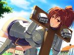  angry armor ass bent_over blush breasts brown_eyes brown_hair clenched_teeth himekishi_angelica huge_ass huge_breasts large_breasts looking lying on_back outdoors panties panty_pull pillory ponytail public stockade stocks teeth underwear you_gonna_get_raped 