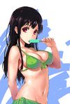  bikini black_hair blush breasts cleavage commentary covered_nipples fangdan_runiu food front-tie_top green_bikini holding kyoukai_no_kanata long_hair looking_at_viewer medium_breasts nase_mitsuki navel popsicle red_eyes sketch solo swimsuit 