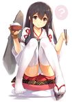  :t ? akagi_(kantai_collection) armor black_hair bowl brown_eyes chopsticks cushion eating food japanese_clothes kantai_collection long_hair looking_at_viewer muneate panties pantyshot pantyshot_(sitting) rice rice_bowl shoes single_shoe sitting solo suika01 tasuki underwear 