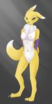  black_sclera blue_eyes breasts canine digimon female fox fur hi_res looking_at_viewer mammal nipples nude pussy renamon simple_background smile smoothie_(artist) solo standing white_fur yellow_fur 