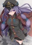  alternate_costume alternate_hairstyle blush book boots coat collaboration colorized eyepatch gloves hair_ribbon hat long_hair military military_uniform multi-tied_hair patchouli_knowledge purple_eyes purple_hair ribbon shishamo@ skirt solo sukage touhou tress_ribbon uniform very_long_hair 