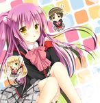  2girls crossdressing futaki_kanata hair_ornament iris_yayoi little_busters! long_hair multiple_girls naoe_riki otoko_no_ko pink_hair purple_hair school_uniform side_ponytail skirt tokido_saya yellow_eyes 