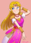  1girl blonde_hair blue_eyes blush bracelet breasts closed_mouth collar dress glitchynpc hand_on_head jewelry long_hair looking_to_the_side medium_breasts nintendo pink_background pointy_ears princess_zelda short_sleeves shoulder_pads simple_background smile solo the_legend_of_zelda the_legend_of_zelda:_a_link_between_worlds tiara 