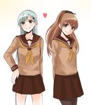  alternate_costume blue_eyes brown_hair green_eyes green_hair hair_ornament hairclip hand_on_hip heart jikasei kantai_collection kumano_(kantai_collection) long_hair looking_at_viewer multiple_girls pantyhose ponytail school_uniform serafuku smile suzuya_(kantai_collection) 