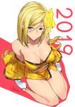  1girl ashiomi_masato bare_legs blonde_hair blue_eyes breasts cleavage closed_mouth flower from_above guilty_gear guilty_gear_xrd hair_between_eyes hair_flower hair_ornament japanese_clothes kimono knees_together_feet_apart large_breasts long_hair millia_rage obi sash short_kimono sitting smile solo tabi very_long_hair wariza 