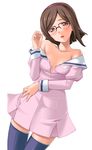  blush breasts brown_eyes brown_hair glasses gundam gundam_build_fighters hairband highres hozumi_takashi kousaka_china long_sleeves lying medium_breasts off_shoulder on_back over-rim_eyewear red-framed_eyewear semi-rimless_eyewear short_hair solo thighhighs 