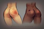  asami_sato ass ass_focus avatar:_the_last_airbender avatar_(series) dark_skin dimples_of_venus iahfy korra lipstick_mark multiple_girls nude scratches simple_background slap_mark spanked the_legend_of_korra watermark 