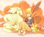  1boy bare_feet barefoot blonde_hair blue_eyes character_request crossover ears fangs fennekin fur knees kurama_(naruto) legs nail nails naruto ninetails nintendo o96ap pokemon red_eyes short_hair uzumaki_naruto wink zorua 