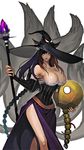  ahri animal_ears artist_request bare_shoulders blitzcrank breasts brown_eyes cleavage detached_sleeves dragon's_crown dress ears_through_headwear hat large_breasts league_of_legends long_hair low_neckline side_slit slit_pupils sorceress_(dragon's_crown) staff witch_hat 