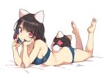  1girl animal_ears artist_name ass bare_legs barefoot black_hair blue_bra blue_panties bra breasts bunny_tail butt_crack chin_rest cleavage cloba closed_mouth eyebrows_visible_through_hair full_body highres light_smile looking_at_viewer lying medium_breasts on_stomach original panties pink_eyes short_hair solo tail underwear underwear_only 