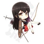  akagi_(kantai_collection) armor arrow black_hair bow_(weapon) brown_eyes chibi gloves japanese_clothes kantai_collection kouji_(campus_life) long_hair looking_at_viewer machinery muneate sandals smile solo thighhighs weapon 