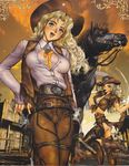  blonde_hair boots breasts canopri_comic cigar clone cowboy_boots cowboy_hat cowboy_shot fringe_trim gun hat highres juliona_trans large_breasts looking_at_viewer open_mouth shirou_masamune spurs weapon western wild_wet_west 