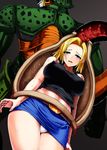 android_18 blonde_hair blue_eyes breasts cell_(dragon_ball) covered_nipples denim denim_skirt dragon_ball dragon_ball_z grin ishimiso_(ishimura) large_breasts microskirt midriff navel panties pencil_skirt semi-perfect_cell skirt smile thighs underwear vore white_panties 