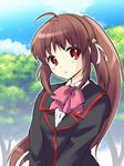  bow brown_hair hair_ornament little_busters! long_hair mizushima_aru natsume_rin pink_bow ponytail red_eyes school_uniform 