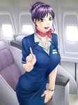  1girl airplane airplane_interior breasts cross cross_necklace earrings green_eyes highres jewelry large_breasts looking_at_viewer nightmare_express open_mouth purple_hair scarf seat short_hair skirt smile solo standing stewardess sunlight window 