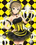  arm_belt armband bare_shoulders belt brown_hair checkered checkered_background collar corset crown cuffs green_eyes handcuffs headphones idolmaster idolmaster_cinderella_girls jpeg_artifacts looking_at_viewer multicolored_hair nail_polish official_art sleeveless solo studded_belt tada_riina thighhighs two-tone_hair wristband yellow_background 