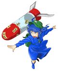  backpack bad_id bad_pixiv_id bag blue_eyes blue_hair boots dress from_above hair_bobbles hair_ornament hat iroiro_yaru_hito kawashiro_nitori key long_sleeves open_mouth outstretched_arms rocket rubber_boots serious shirt short_hair short_twintails skirt skirt_set skirt_up solo spread_arms touhou twintails two_side_up 