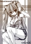  animal_ears beatmania beatmania_iidx breasts large_breasts long_hair looking_at_viewer mizushiro_celica monochrome smile solo syroh thighhighs twintails 