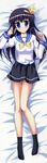  absurdres bed bed_sheet black_hair blue_eyes blush dakimakura from_above full_body highres himehagi_sakumi huge_filesize legs looking_at_viewer lying on_back on_bed on_stomach onsokuzekuu school_uniform secret_game skirt solo 