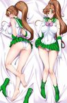  ankle_boots ass back_bow barefoot bed_sheet bishoujo_senshi_sailor_moon blush boots boots_removed bow brown_hair cameltoe choker covered_navel cross-laced_footwear dakimakura earrings elbow_gloves feet gloves green_choker green_eyes green_footwear green_sailor_collar green_skirt hair_bobbles hair_ornament high_heels impossible_clothes impossible_shirt isao jewelry kino_makoto lace-up_boots legs long_hair looking_at_viewer lying magical_girl multiple_views on_back on_stomach panties pink_bow ponytail sailor_collar sailor_jupiter sailor_senshi_uniform shirt shoes_removed skirt thigh_gap tiara underwear white_gloves white_panties 