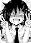  ahegao bomber_grape commentary_request double_v greyscale kuroki_tomoko long_hair monochrome necktie open_mouth saliva solo sweat tears v watashi_ga_motenai_no_wa_dou_kangaetemo_omaera_ga_warui! 