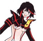  black_eyes black_hair breasts crossover devilman eyelashes highlights kill_la_kill matoi_ryuuko medium_breasts midriff multicolored_hair nagai_gou_(style) oldschool open_mouth parody red_hair revealing_clothes senketsu serious short_hair simple_background solo style_parody suspenders tanaka_keiichi two-tone_hair underboob white_background 