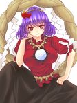  bad_id bad_pixiv_id chin_rest elbow_rest hair_ornament highres purple_hair red_eyes rope shimenawa short_hair solo touhou x&amp;x&amp;x yasaka_kanako 