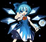  ascot bad_id bad_pixiv_id black_background bloomers blue_bow blue_eyes blue_hair blush_stickers bow cirno dress drop_shadow frog frozen frozen_frog hair_bow ice ice_wings light_particles open_mouth pointing pointing_at_viewer pyonta shiroton_(kazamineko) short_hair short_sleeves stick touhou underwear wings 