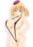  bikini black_bikini blonde_hair blush breasts cleavage double_bun drill_hair ginjyasei highres large_breasts ore_no_nounai_sentakushi_ga_gakuen_love-comedy_wo_senryoku_de_jama_shiteru reikadou_ayame simple_background sling_bikini swimsuit white_background yellow_eyes 