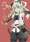  amai_nekuta animal_ears armor blush cat_ears cat_tail green_eyes grey_hair hirschgeweih_antennas japanese_armor kote kurokote kusazuri open_mouth sanya_v_litvyak sarashi shoulder_armor sode solo strike_witches tail world_witches_series 