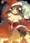  absurdres akinashi_yuu arms_up bare_shoulders blush boots breasts brown_eyes brown_hair choker cleavage dress dress_lift elbow_gloves fur_trim gloves hat highres large_breasts leg_up long_hair original panties red_dress red_gloves red_legwear sack santa_costume santa_hat scan solo sweatdrop thigh_boots thighhighs twintails underwear white_panties 