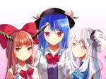  blue_hair bow food fruit hat hata_no_kokoro highres hinanawi_tenshi horn hourai_ninjin ibuki_suika looking_at_viewer mask multiple_girls orange_eyes orange_hair peach pink_eyes pink_hair red_eyes ribbon stage_connection touhou 