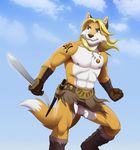  5_fingers abs anthro balls barbarian biceps big_muscles blonde_hair blue_eyes boots brown_nose canine clothed clothing fist footwear fox fur furrybob gloves grasp hair half-dressed happy holding japanese japanese_text jc jcfox long_hair looking_away male mammal manly muscles nipples orange_fur pecs penis raised_leg shadow shiny shoes sky smile solo standing sword tattoo teeth text uncut weapon white_eyes white_fur white_penis wind 