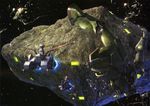  asteroid debris gundam highres mecha mobile_suit_gundam official_art salamis_(gundam) ship space space_craft white_base zaku zaku_ii 