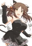  absurdres animal_ears bare_shoulders black_dress black_gloves black_legwear blush breasts brown_eyes brown_hair cat_ears cat_tail dress elbow_gloves fingerless_gloves garter_straps gloves hair_ribbon highres idolmaster idolmaster_cinderella_girls jewelry large_breasts mouse necklace open_mouth pu-chin ribbon short_dress short_hair simple_background solo tail thighhighs totoki_airi twintails white_background 