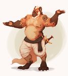  beard biceps chubby ear_piercing facial_hair goatee hybrid hyena male mammal musclegut muscles nipple_piercing nipples piercing solo sword topless vetrowolf weapon 