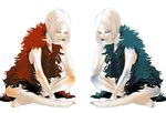  \||/ chin_rest color_contrast crossed_legs dress dual_persona feather_boa fingernails multiple_girls on_floor original palette_swap polar_opposites red_eyes shiroton_(kazamineko) short_hair simple_background sitting toenails white_background white_hair 