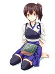  black_legwear brown_eyes brown_hair japanese_clothes kaga_(kantai_collection) kantai_collection kubyou_azami muneate short_hair side_ponytail sitting smile solo tasuki thighhighs white_background 