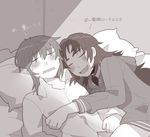  bad_id bad_pixiv_id bed hair_down hood hoodie ilhi long_hair mahou_shoujo_madoka_magica miki_sayaka monochrome multiple_girls pajamas pillow sakura_kyouko saliva short_hair sleeping yuri 